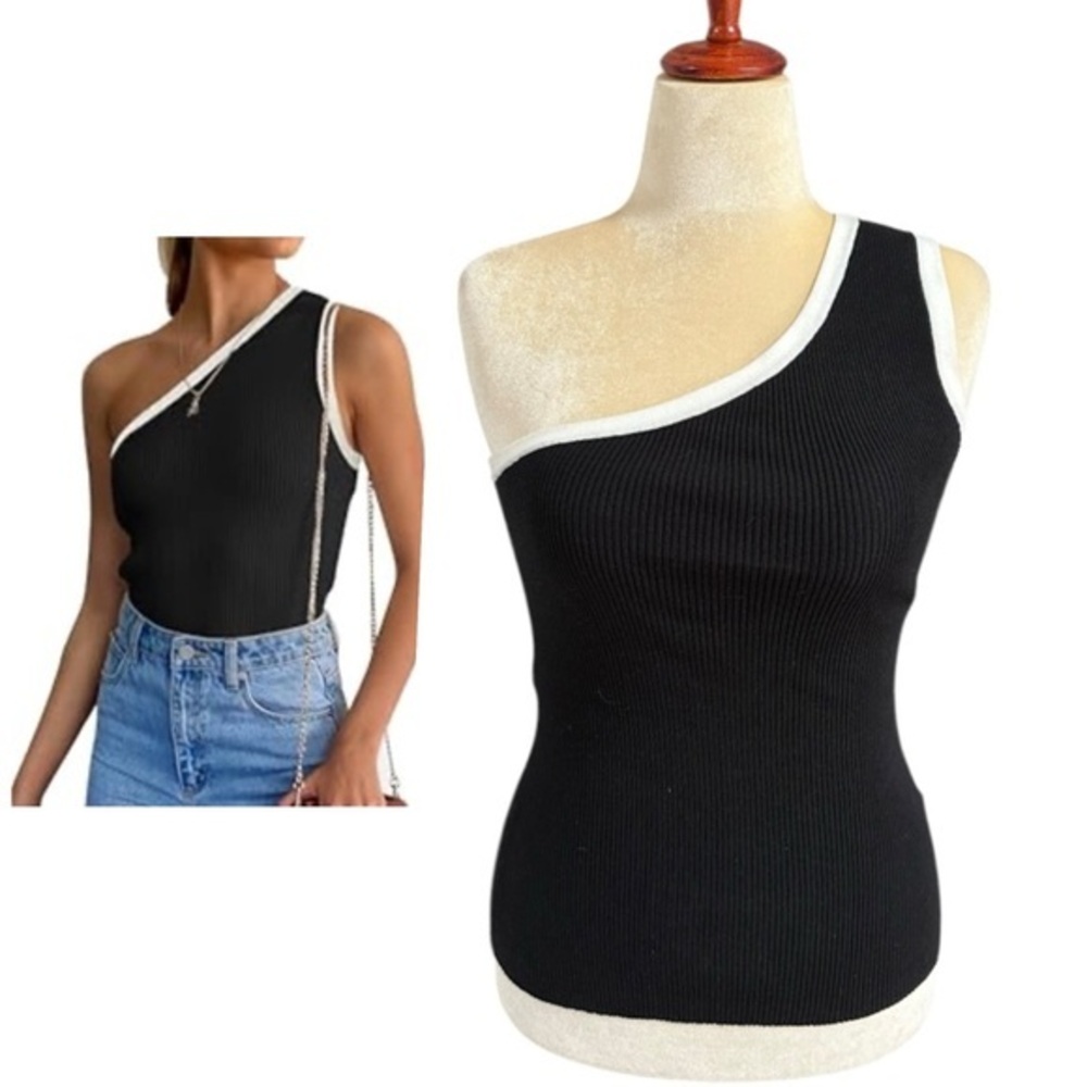 Zesica One Shoulder Sweater Black White Stretch Ribbed Knit Size …